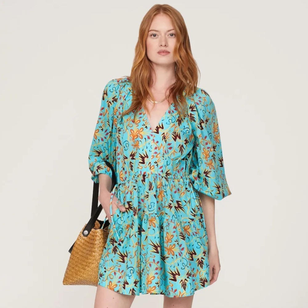 A.L.C. Sally Grotto Multi Blue Floral Printed Cotton Cinch-Tie Mini-Dress EUC 8